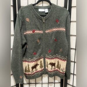 CROFF AND BARROW OLIVE Green Zip-Up Sweater CARDIGAN with Moose and Tree Design